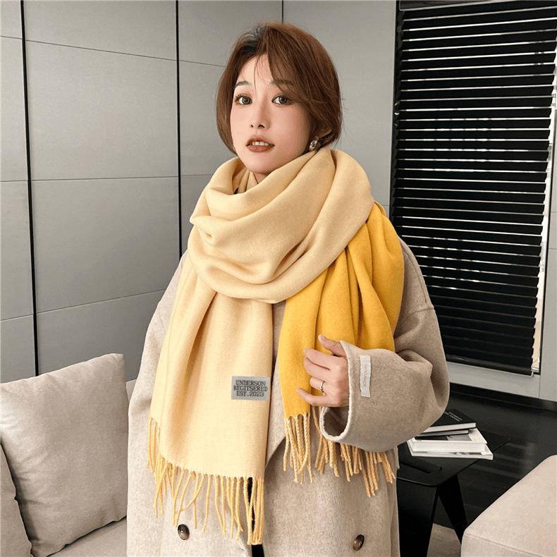 2024 Autumn/Winter New Thickened Warm Solid Color Double Sided Two Tone Tassel Imitation Cashmere Scarf, High Grade Shawl Neck