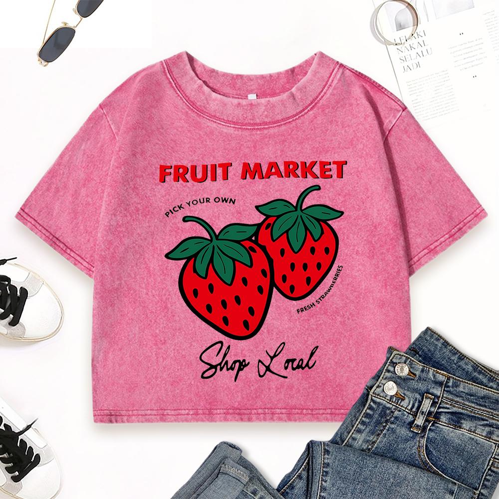 Фруктовый рынок Футболки с принтом клубники, женские хлопковые приталенные футболки с коротким рукавом, летняя укороченная одежда, уличная одежда с круглым вырезом
