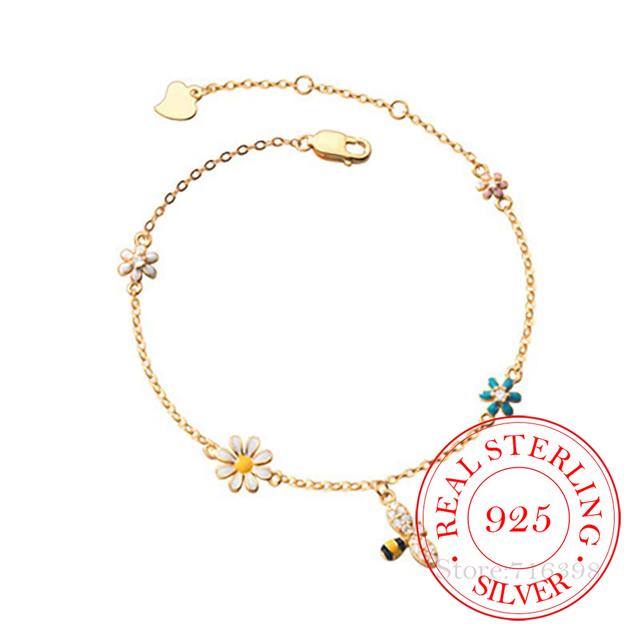 925 Sterling Silver Daisy Bee Charm Bracelet For Women Girls Party Wedding Trendy Bangle Bijoux Luxury Jewelry Accessories