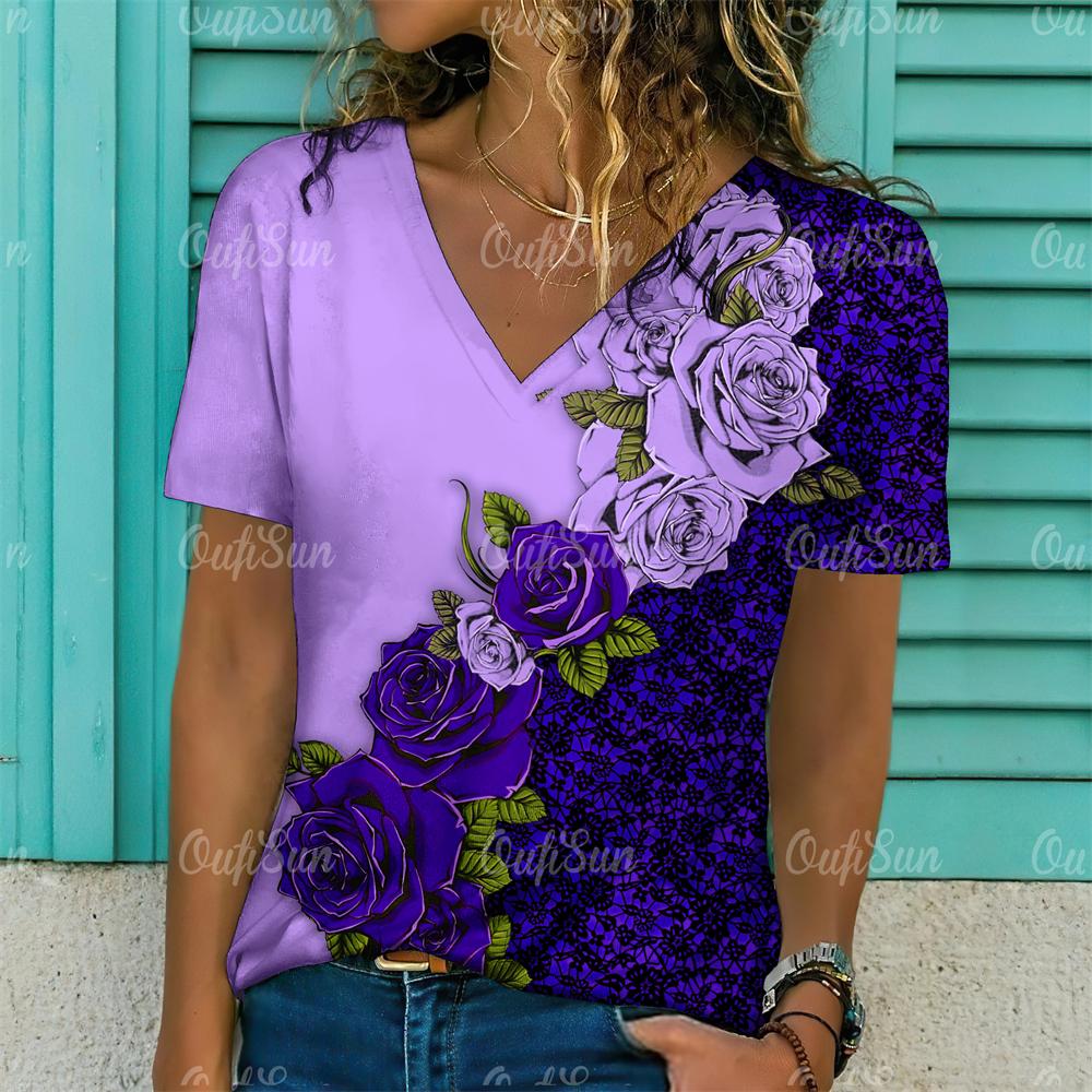 Модные женские футболки с цветочным принтом, топы с короткими рукавами и v-образным вырезом, футболки, повседневные кофты, женская футболка, одежда больших размеров