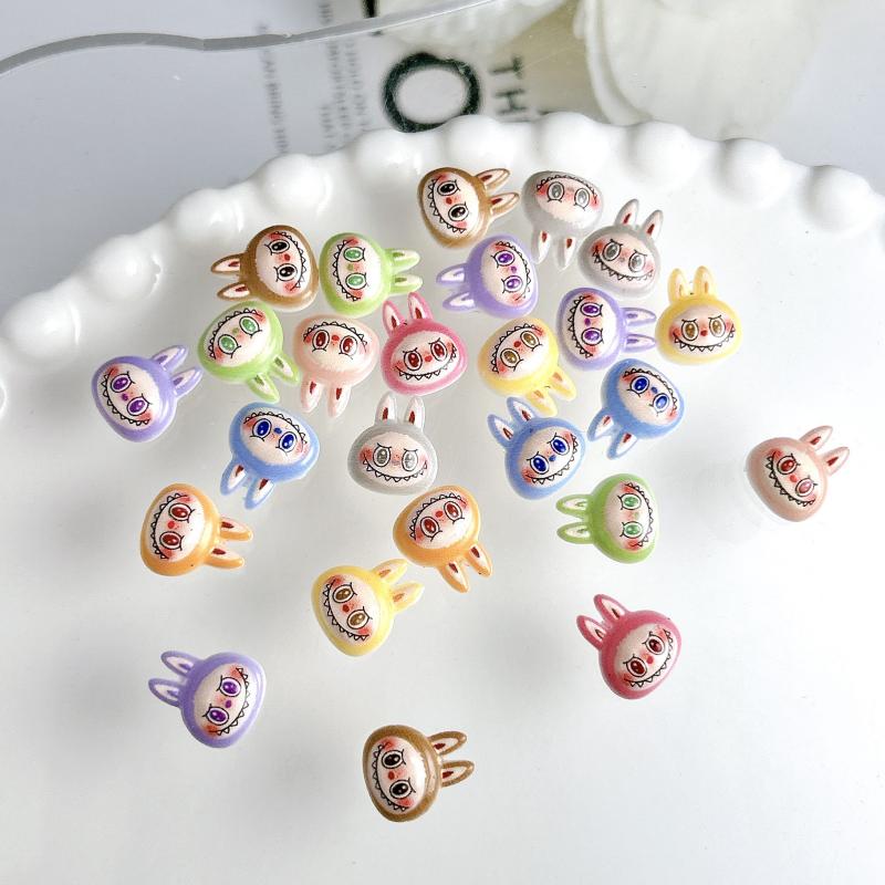 20Pcs Kawaii Cartoon Labubu Rabbit Head Resin Nail Charms 3D Luminous Creative Colorful Diy Accessories Nail Art Decoration