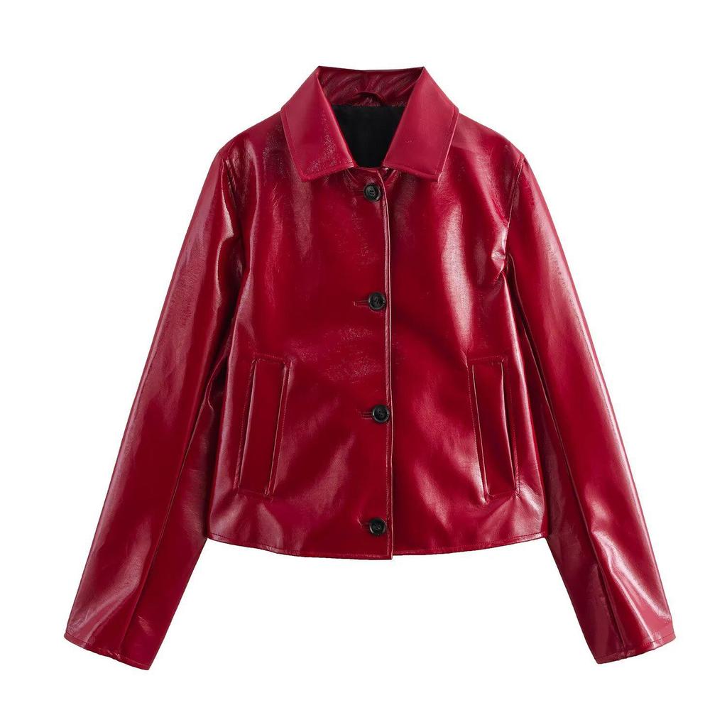 2025 Весенняя женская красная глянцевая кожаная куртка с лацканами – Европейский и американский стиль