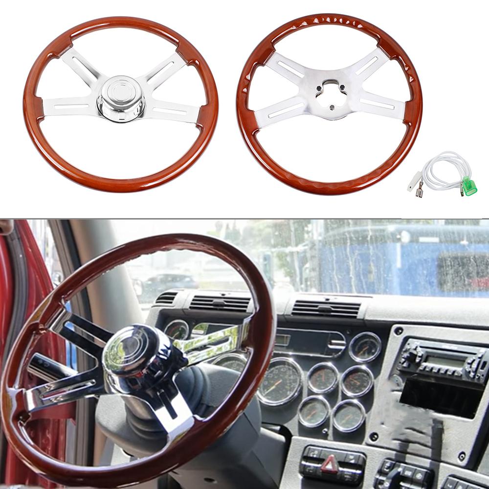 RASTP-New Truck Wooden 455mm 18''Classic Steering Wheel 3 Electroplated Steel Big Car Classic Wood Grain Finish RS-STW030