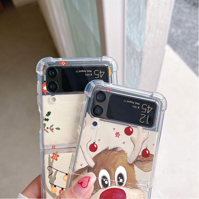 Рождественские Новогодние Подарки Лось Снег Чехол для Samsung Galaxy Z Flip 4 Z Flip 3 5G ZFlip4 ZFlip3 Flip4 Flip3 Прозрачный ТПУ Чехол