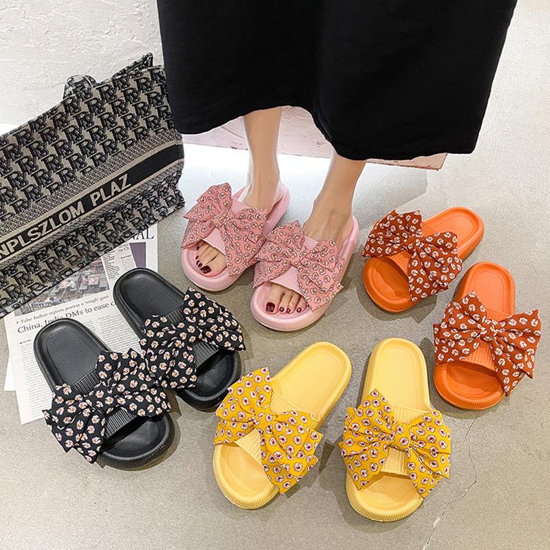 Женские летние новые сандалии на толстой подошве с бантом, модная уличная одежда для купания в помещении, нескользящая пляжная дышащая износостойкая обувь