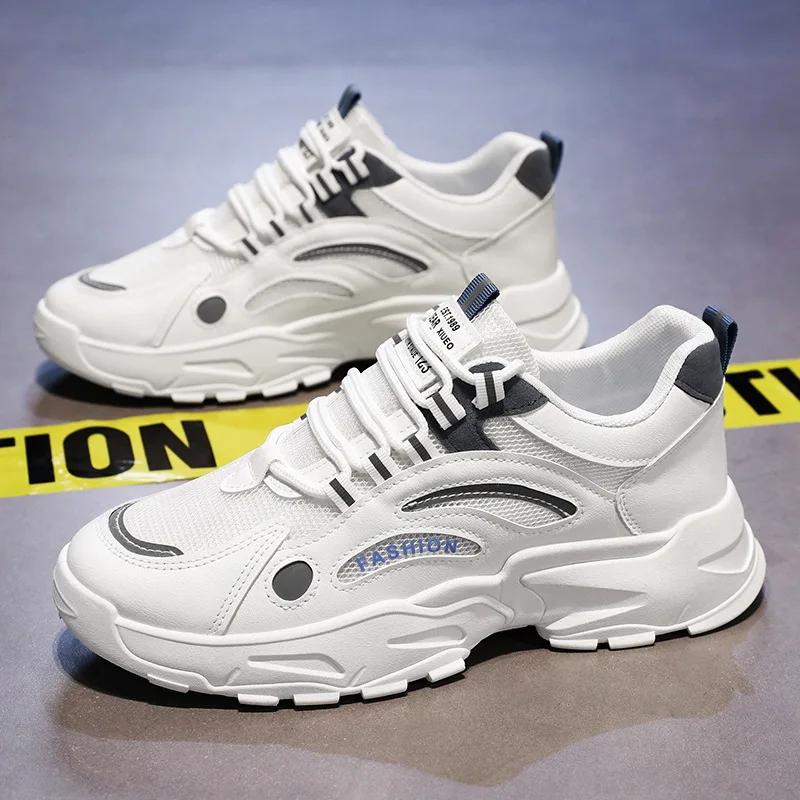 Новые мужские кроссовки с дышащей сеткой корейской версии, белые, на шнуровке, толстая подошва, легкие, удобные, износостойкие кроссовки для бега