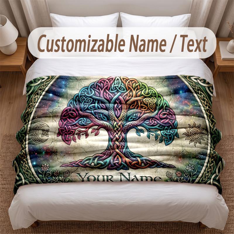 Tree of Life Theme Soft Blanket Personalized Custom Name Text Print Warm Blanket Home Sofa Bedroom Decor
