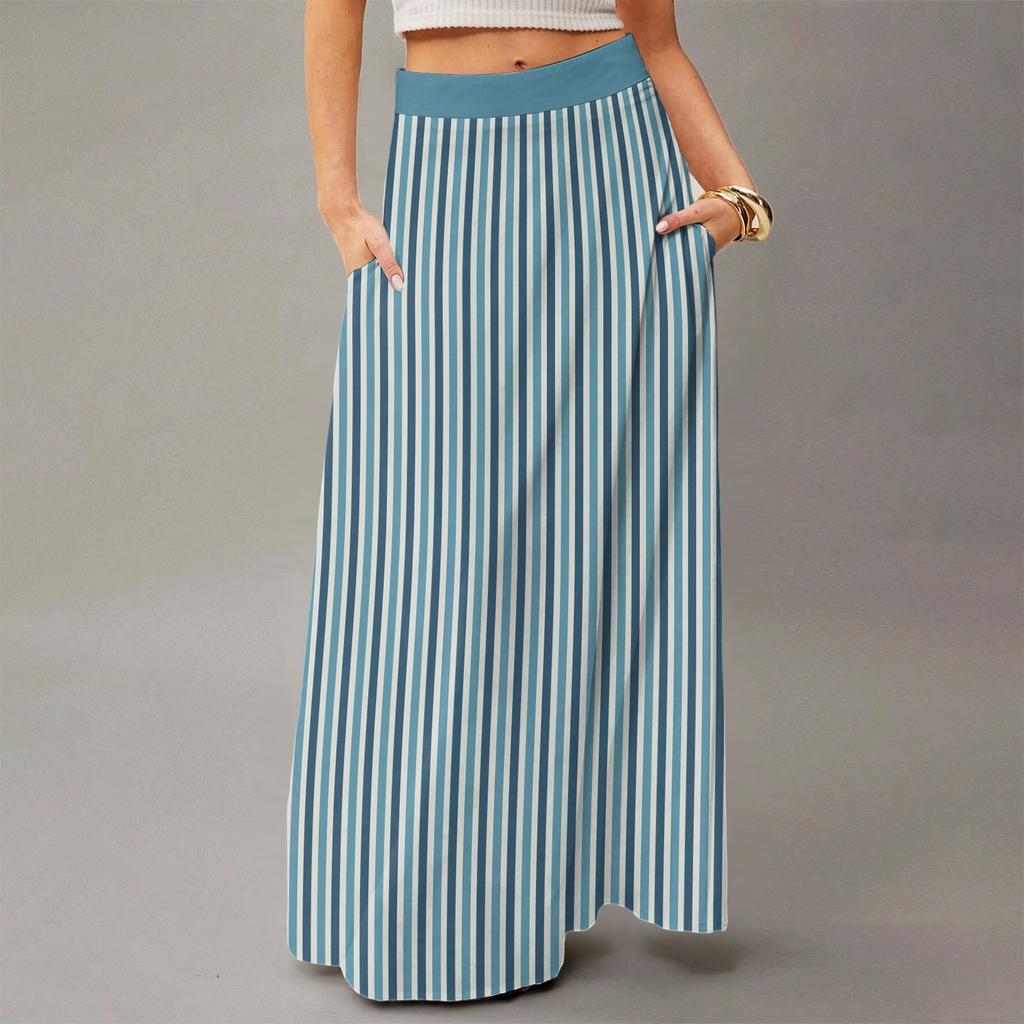 Женская повседневная складная юбка макси с высокой талией, драпированная, свободного кроя, с карманом, в полоску, в клетку