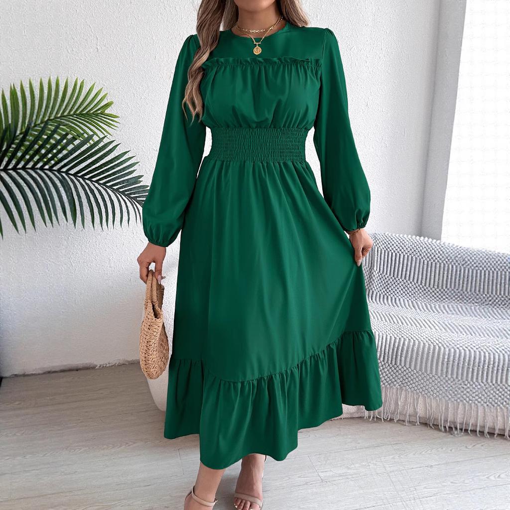 Elegant Solid-color, Black Ear-trimmed, Waist-cinched Pleated Long Dress for Women In Autumn and Winter