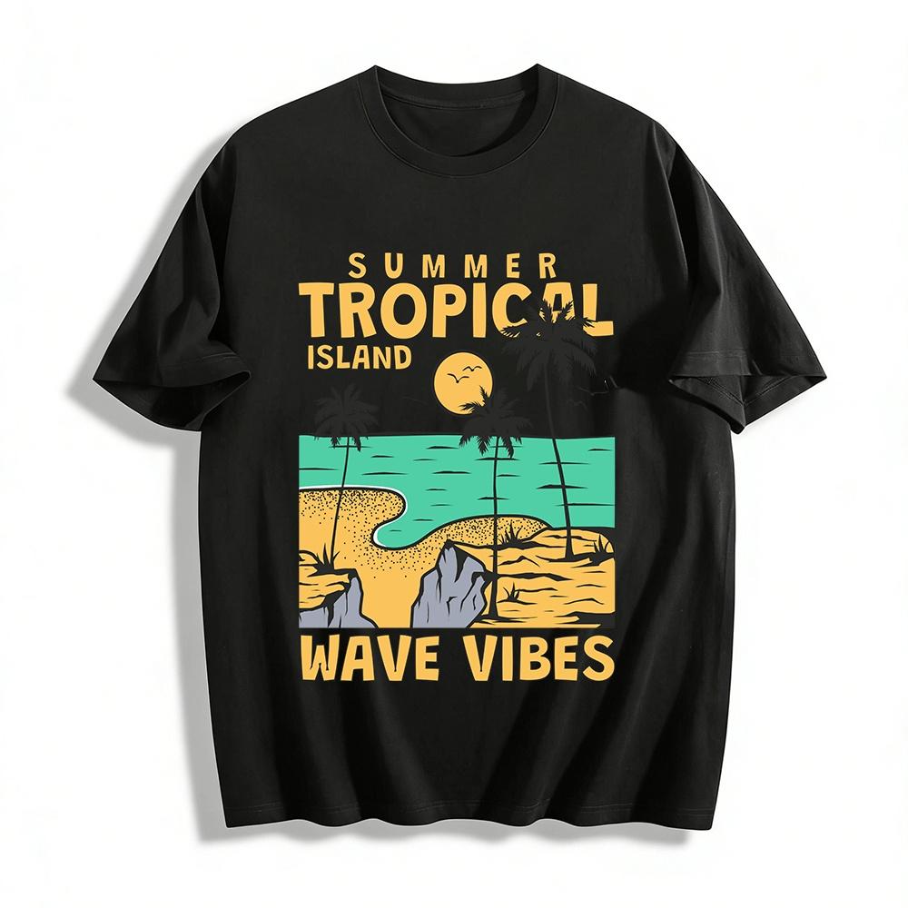 Summer Tropical Island Wave Vibes Graphic Casual T-shirt Pure Cotton T-shirt