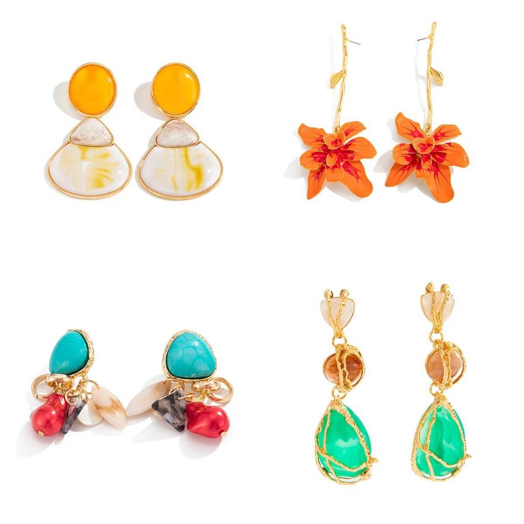 Salircon 5 Styles Retro Hollowout Round Drop Earrings Women Boho Acrylic Bead Tassel Pendant Earring Trendy Jewelry Accessories