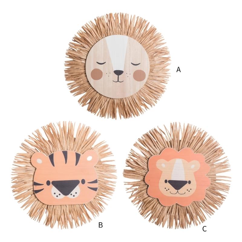 Cartoon Lions Hangings Decorations Creative Animal Head Ornament Handwovens Raffias Wall Decors for Farmhouses Bedroom Home