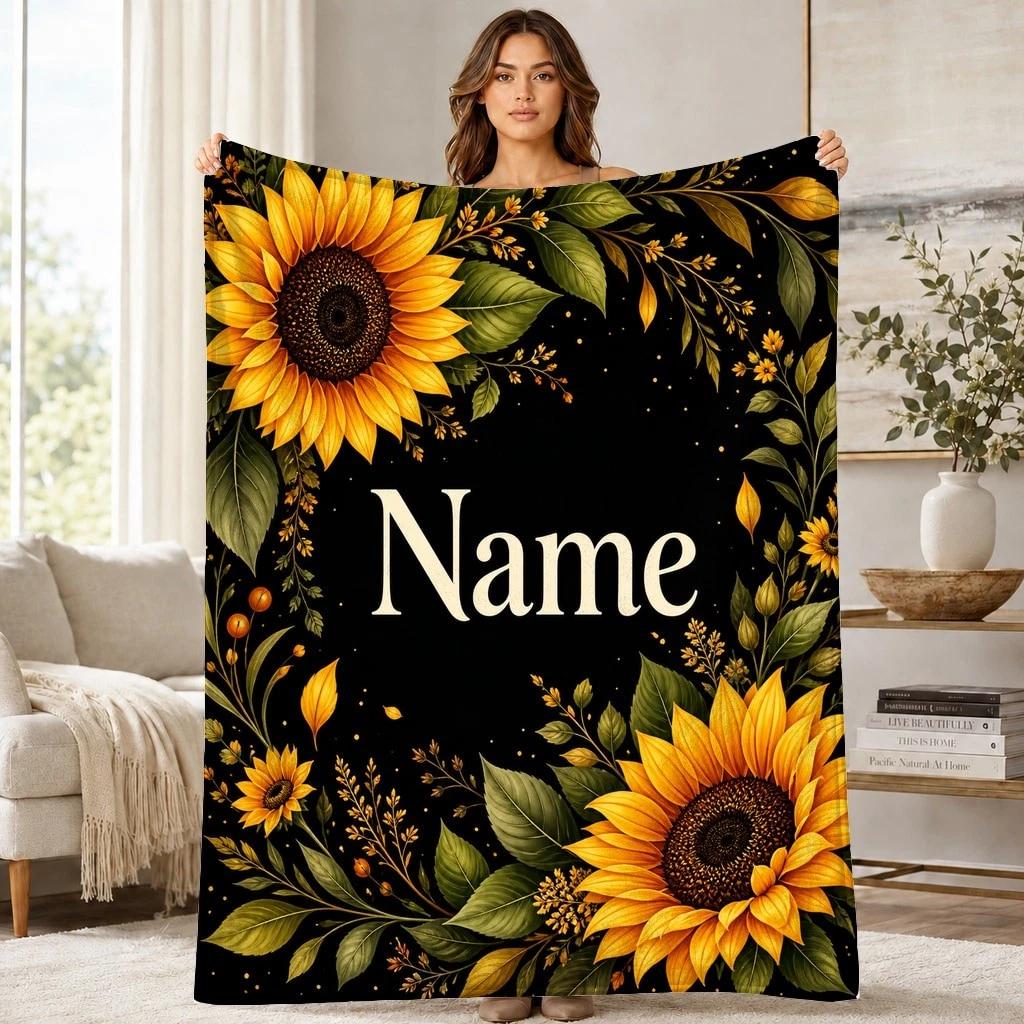 Sunflower Coral Fleece Blanket Floral Farmhouse Decor