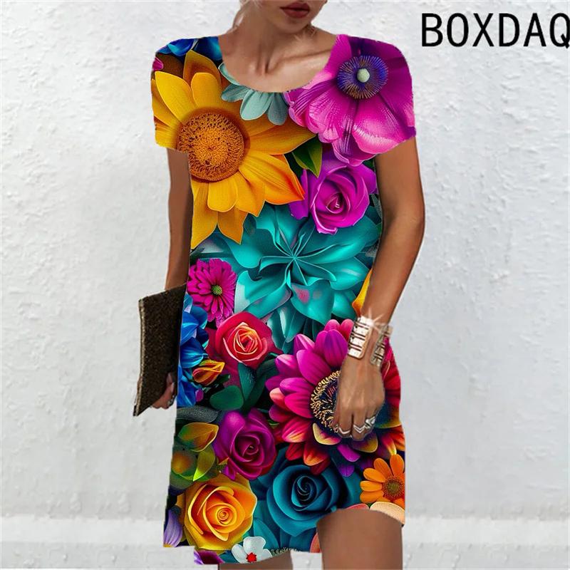 2025 New Women Dresses Fashion Summer Flower Print Short Sleeve Dress Casual 3D Print Loose A-Line Dress Street Wear Ladies
