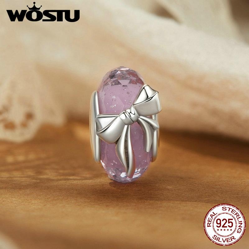 WOSTU 925 Sterling Silver Pink Murano Glass Bead Xmas Snowman Rainbow Charms Fit Original Bracelet Necklace DIY Jewelry New Gift