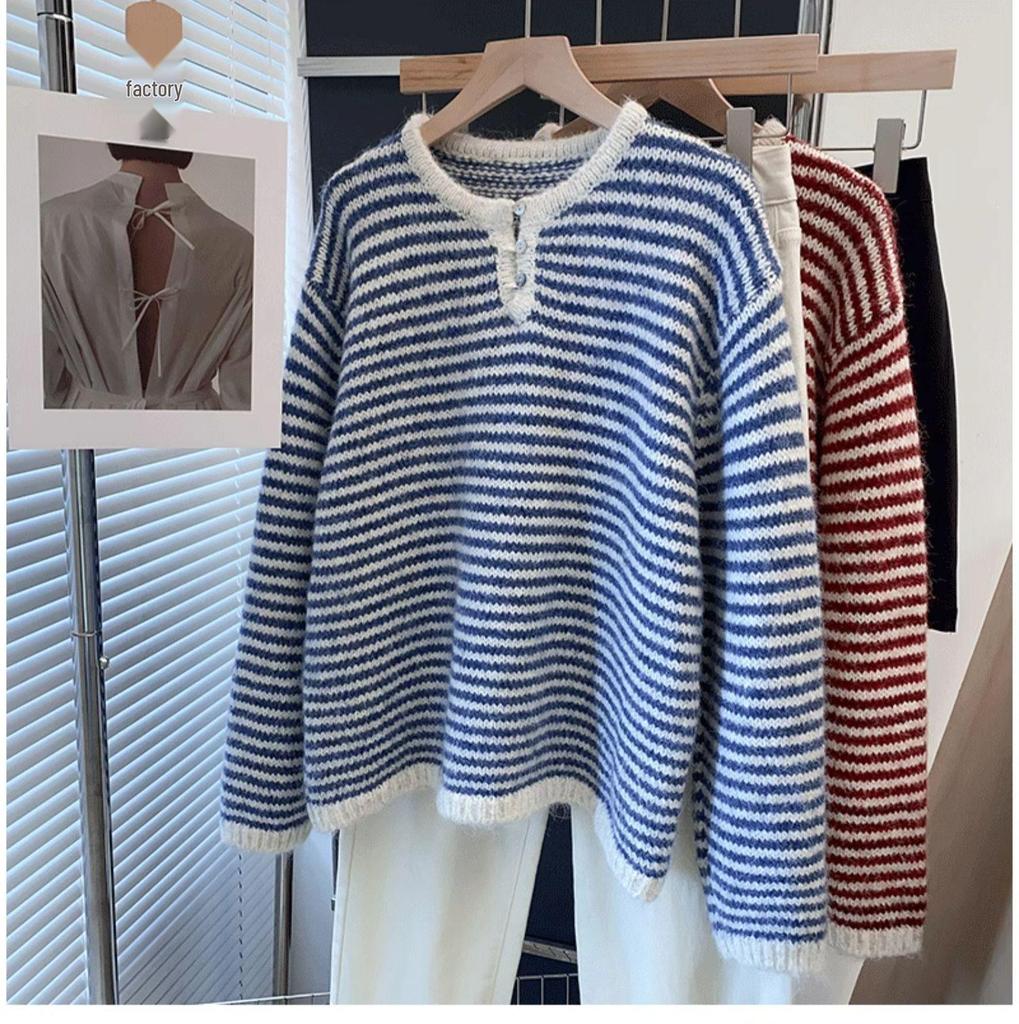 Women's Striped Knitted Cardigan Sweater, Loose Pullover for Spring, Autumn, and Winter 2025.