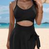 2025 Women's Solid Color Lace-Up Cutout One-Piece Bikini Swimsuit with Skirt Style
