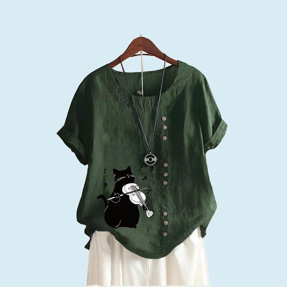 Женская модная футболка с коротким рукавом, летняя и осенняя повседневная верхняя одежда с круглым вырезом и принтом кота, пуловер, свободные хлопковые льняные блузки