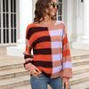 Autumn and Winter Women's Plus Size Pullover Splicing Stripes and Colour Collision Round Neck Knit Sweater