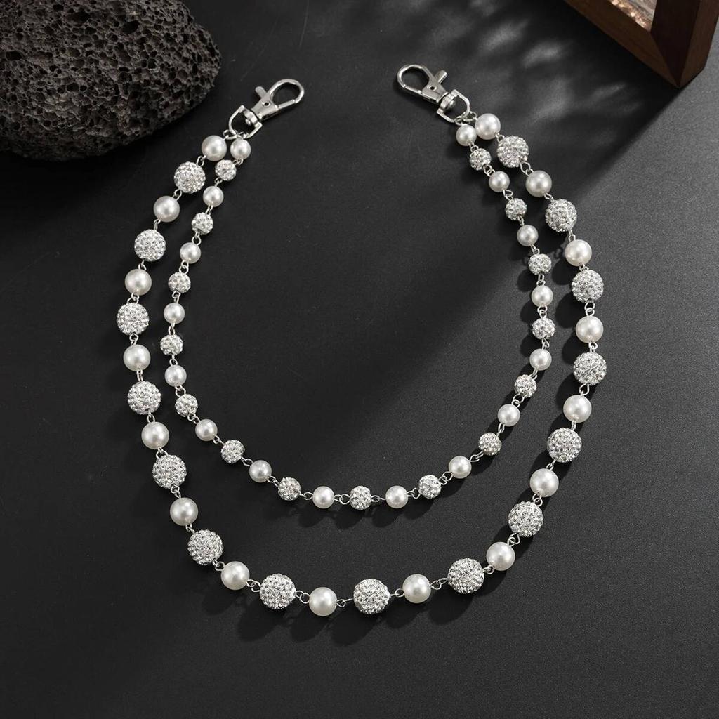 Ingemark Punk Double Layer Acrylic Beads Rhinestone Pants Chain Men HipHop Imitation Pearl Trouser Jeans Chain Keychain Jewelry