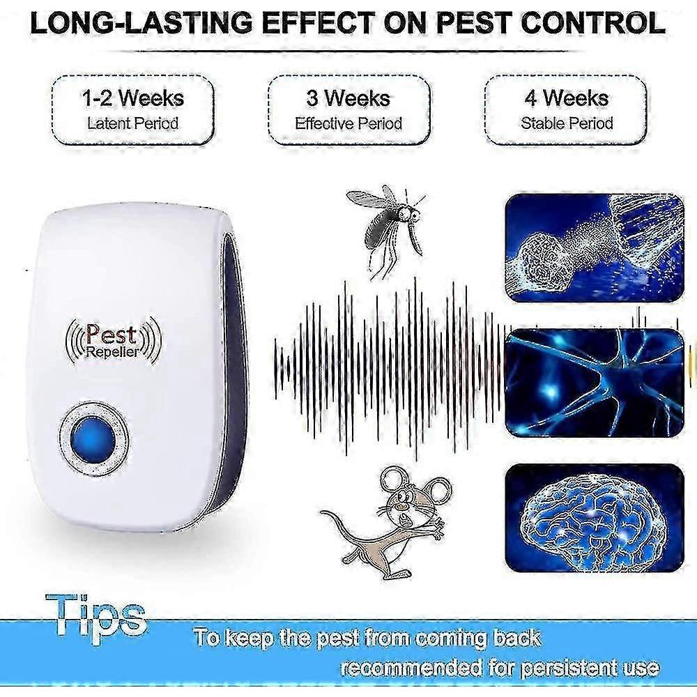 A 6-pack of an ultrasonic mouse and rat repellent, effective against mice, rats, flies, mosquitos, pests, spiders, and cockroaches.