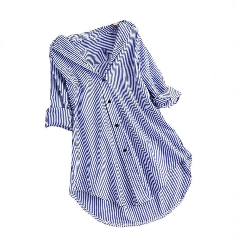 Plus Size Womens Striped Long Sleeve Shirt Loose Fit Turn Down Collar Blouse