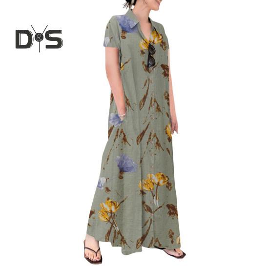 Женское летнее платье трапециевидной формы с лацканами, свободная рубашка с цветочным принтом, с короткими рукавами на пуговицах и боковыми карманами, длинное платье до щиколотки