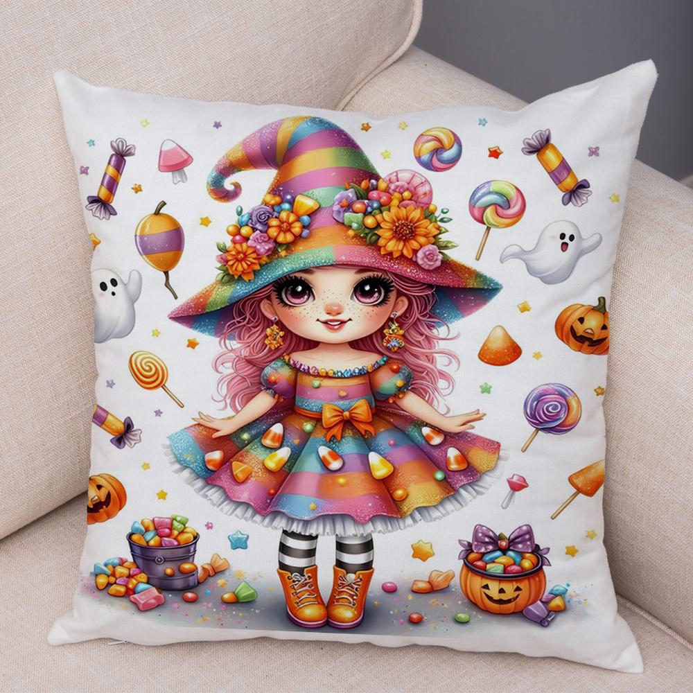 Halloween Candy Girl Cushion Cover Decor Cute Cartoon Child Pillowcase for Children Room Home Sofa Soft Plush Pillow Case