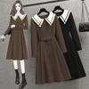 Женская одежда больших размеров, начало осени, новинка, пышная сестра, французский темперамент, прикрывающий живот, и тонкий кукольный воротник, платье с длинными рукавами