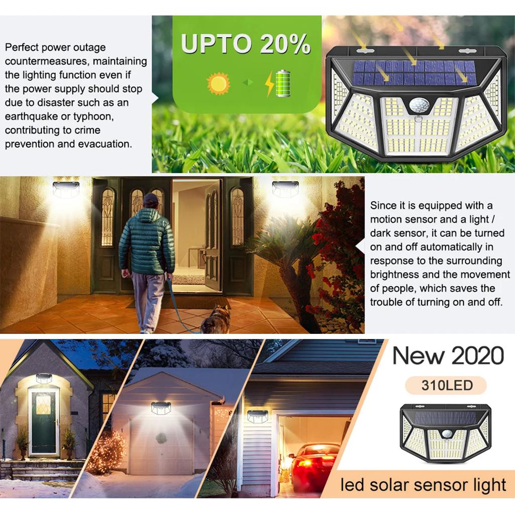 310 LED Solar Lamp Outdoor Light IP65 Waterproof for Garden Decorcation Street Lights Human Body Sensor 3 Modes Wall Lamp