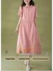 Korean Style Cotton Linen Retro Long Dress for Women, Spring/Summer 2026 Collection, Short Sleeve with Shirt Collar