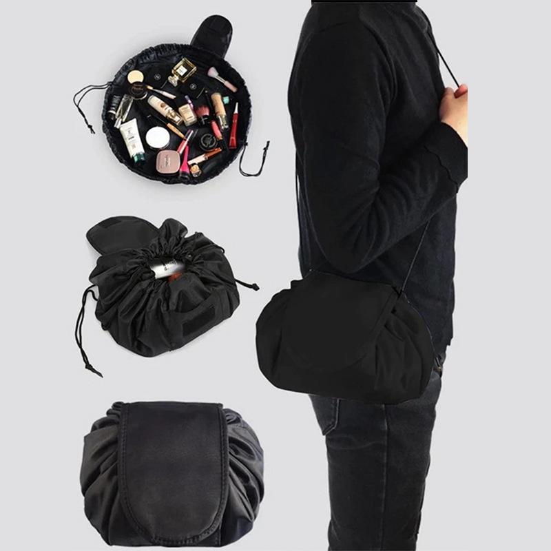 Large Capacity Black Polyester Makeup Bag, Drawstring Closure Lazy Drawstring Makeup Bag Pouch Storage Organiser for Women Girl