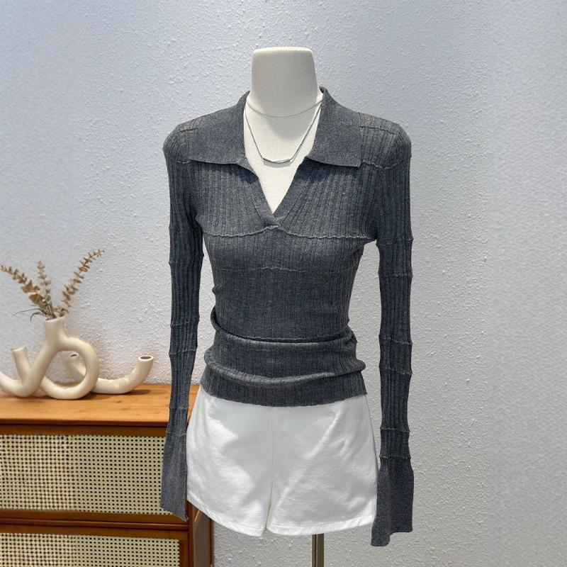 Нишевая вязаная рубашка с длинным рукавом с чувством дизайна женская осенняя облегающая и тонкая ло-рубашка уникальный популярный топ