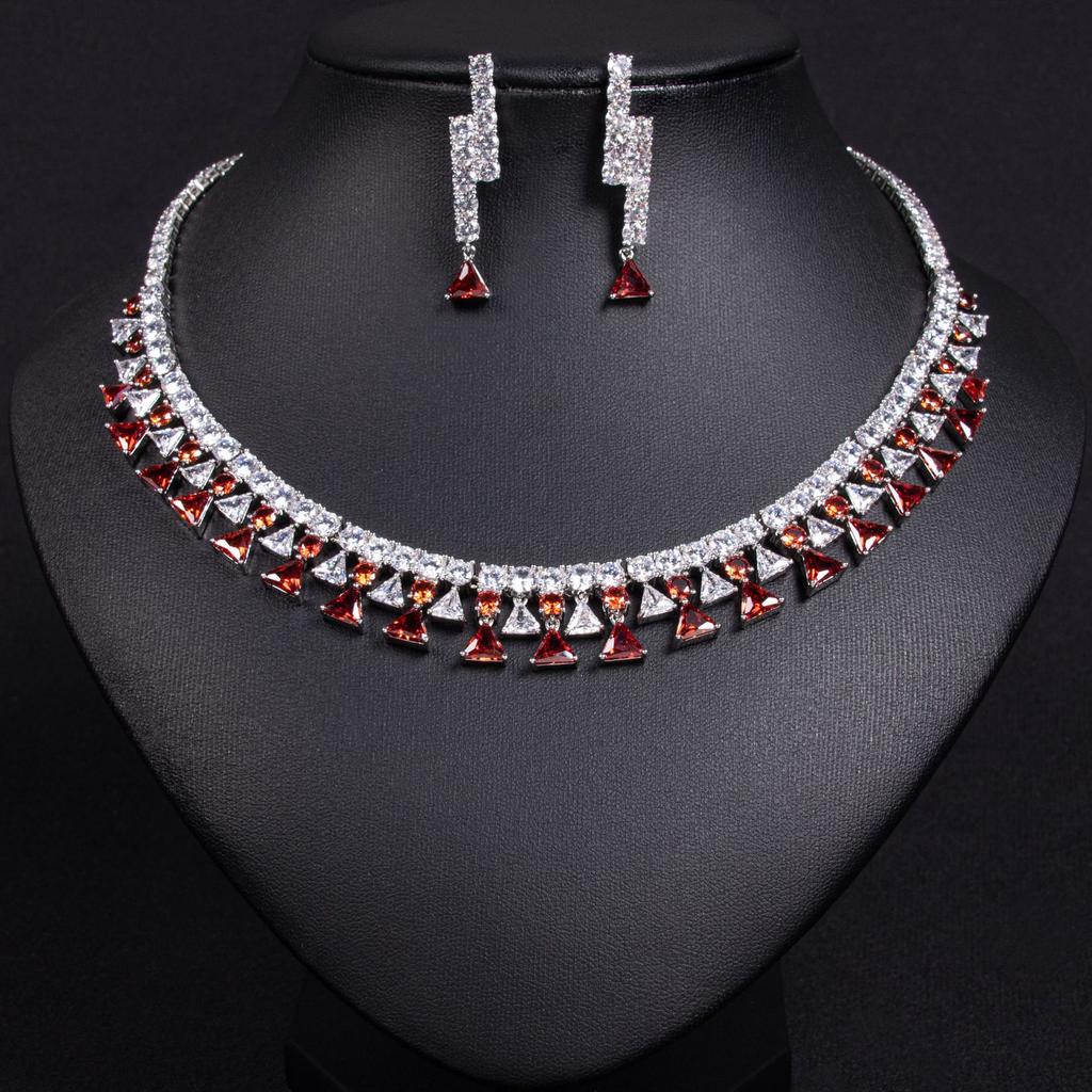Women's Light Luxury Design Zircon Geometric Triangle Necklace Earring Set Fashionable And Versatile Niche Design Sense Set