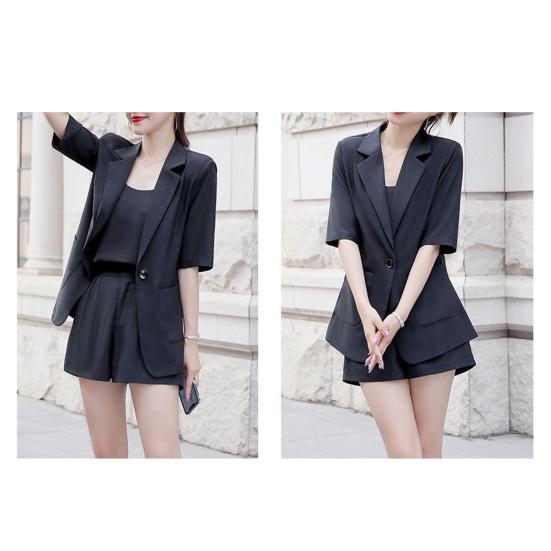 Women 3 Piece Blazer Outfit Short Sleeve Open Front Blazer Sleeveless Tank Top Shorts Set One Button Suit Jacket Business Set