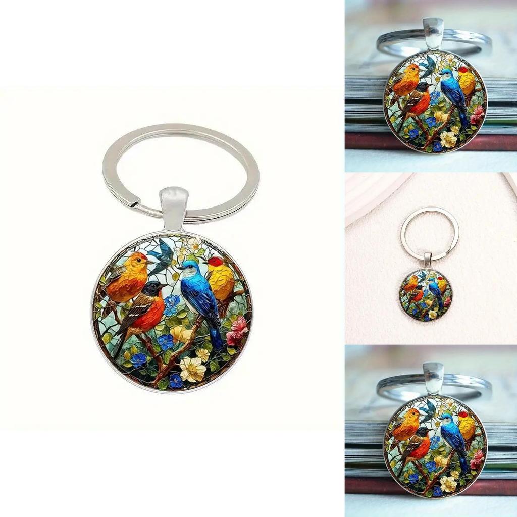 Cute Watercolor Bird Group Glass Keychain With Alloy Attachment For Gift And Accessory