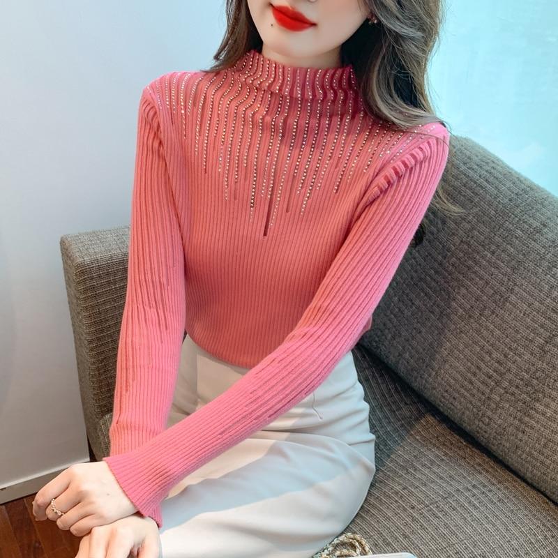 Топы с полувысоким воротником, женские пуловеры с длинными рукавами, осень и зима 2023, облегающий свитер, однотонная одежда 29091