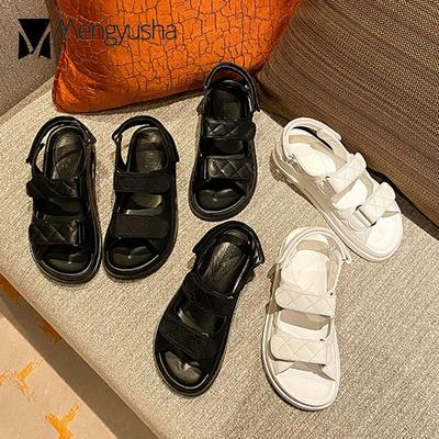 Модные брендовые сандалии в клетку для женщин на липучках, сандалии Lattic, женские сандалии на платформе из натуральной кожи, обувь из овчины для колледжей для девочек