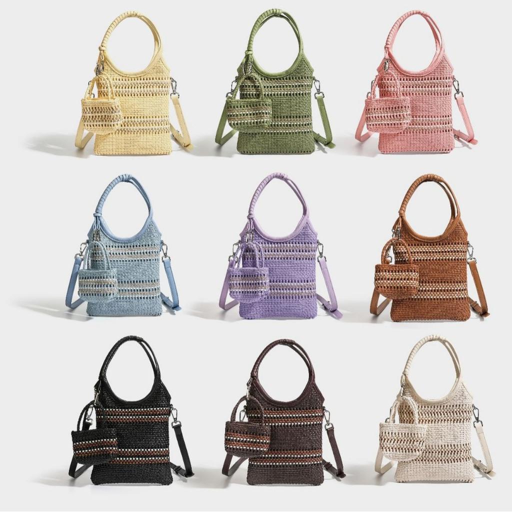 New color blocking woven handbag with female niche design, fashionable mobile phone bag, versatile hollow shoulder bag