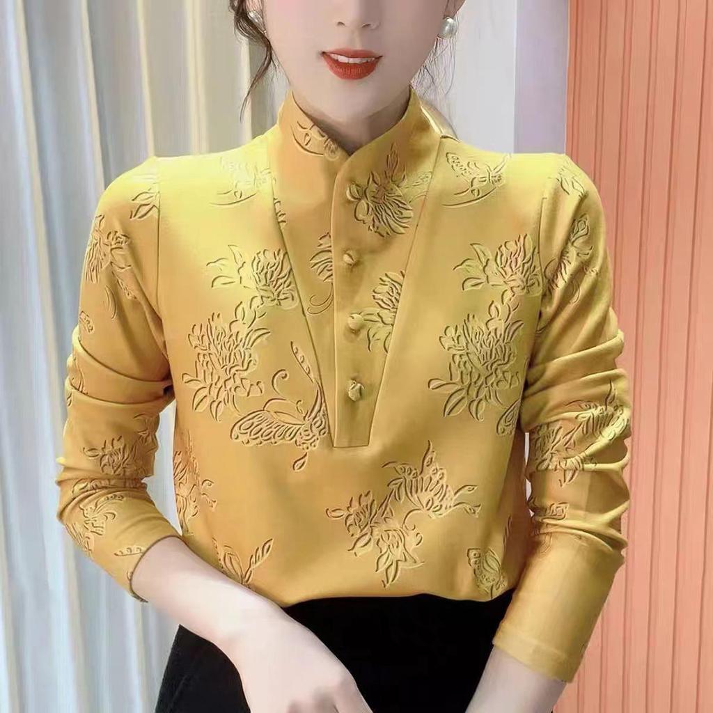 2024 Korean Style Stand-up Collar Fleece Slimming Blouse for Winter Moms