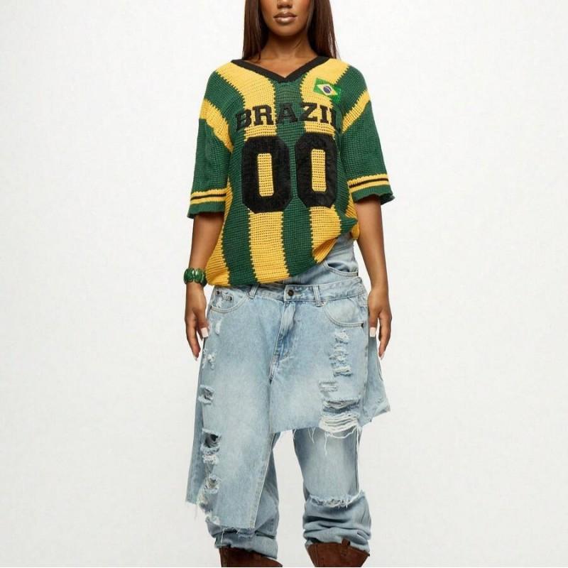Womens Lightweight Breathable Knit Top With 3D Embroidered Letters Streetwear V-Neck Loose Fit Short Sleeve