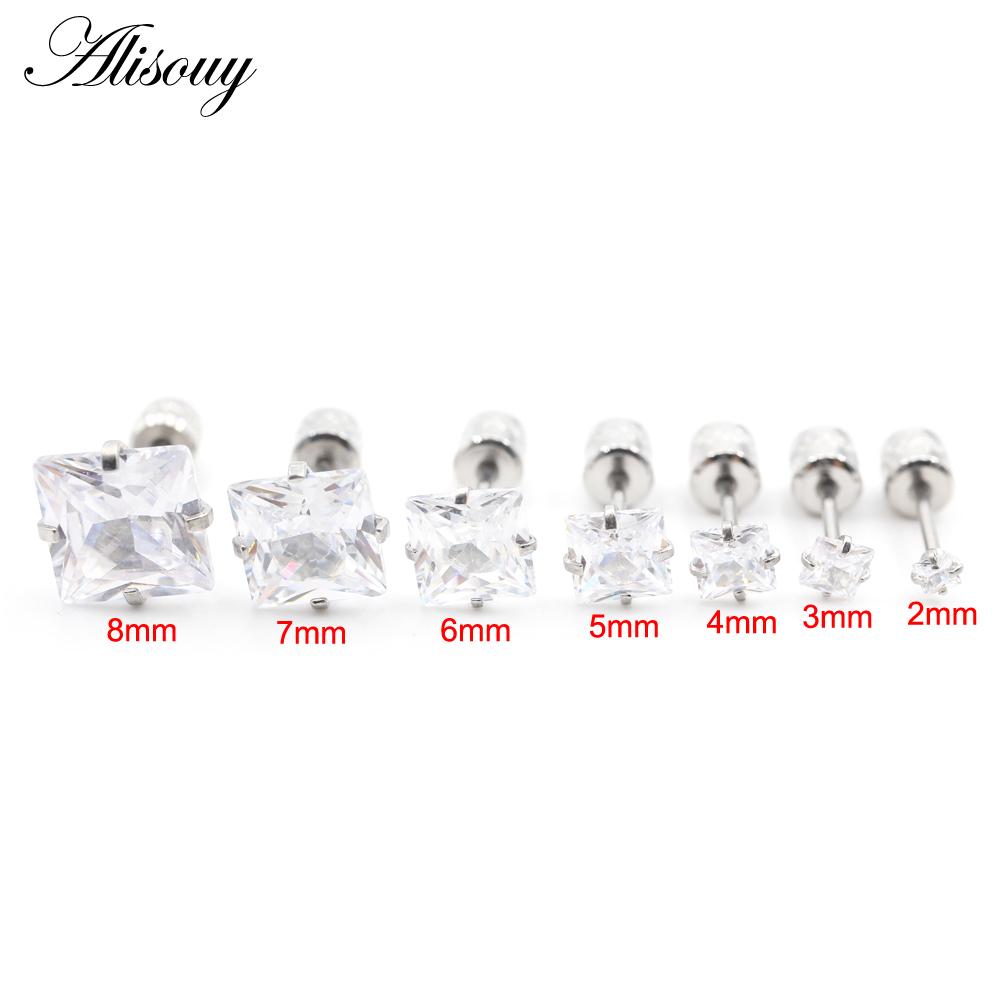 Alisouy 2 шт., нержавеющая сталь, 4 зубца, квадратный циркон CZ, женские, мужские, для девочек, серьги-гвоздики для хряща, пирсинг, ювелирные изделия