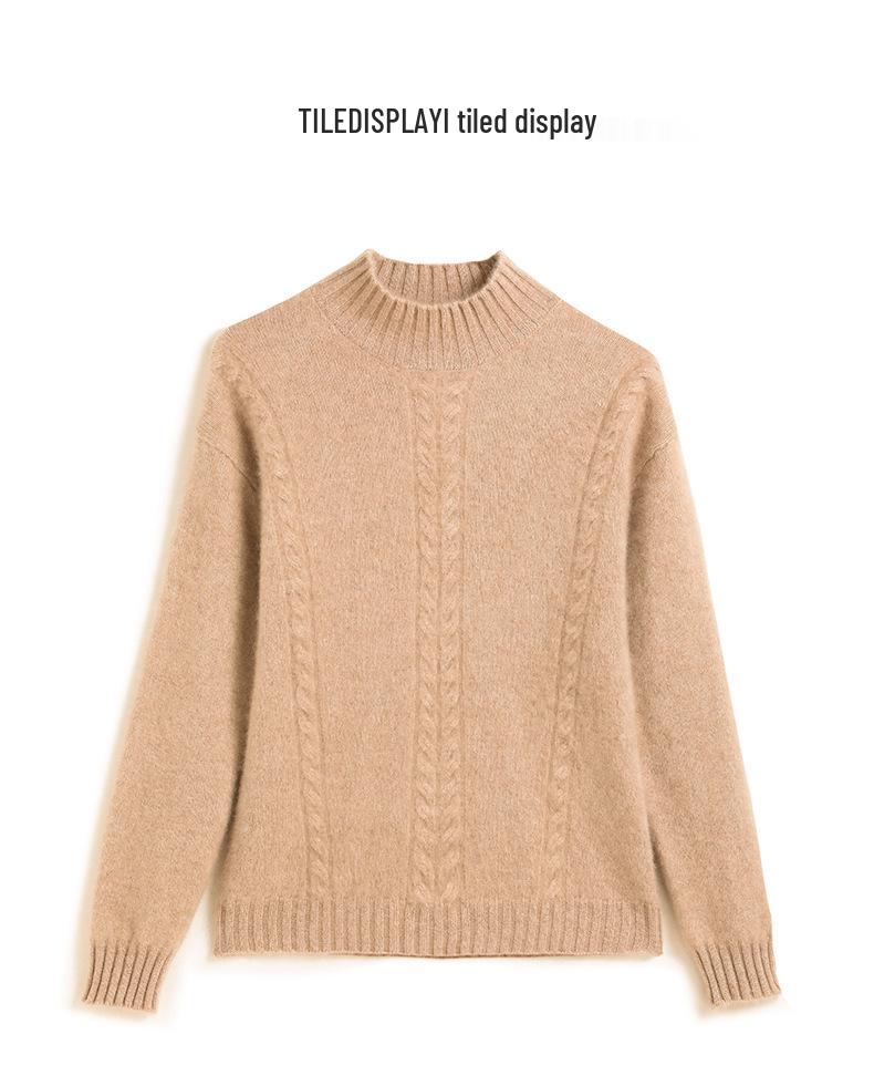 Women's Cashmere Cable Knit Pullover - 2024 Autumn/Winter, Thickened Seven-Gauge Double-Ply, Half-High Neck Sweater.