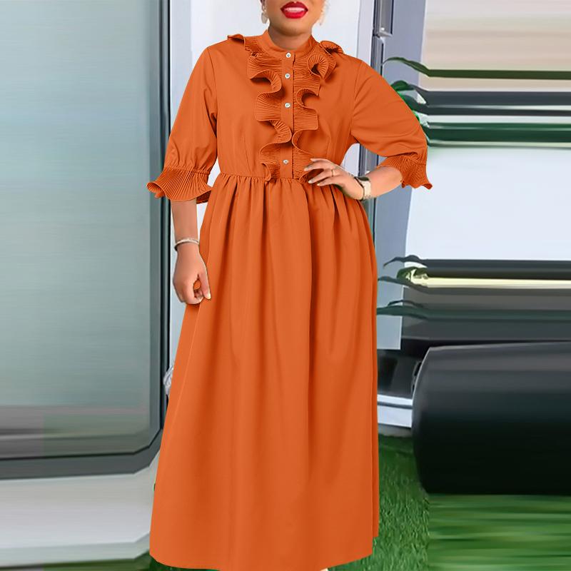 Plus Size Women Stand Vonda Collar Ruffled Mid Sleeve Solid Color Dresses