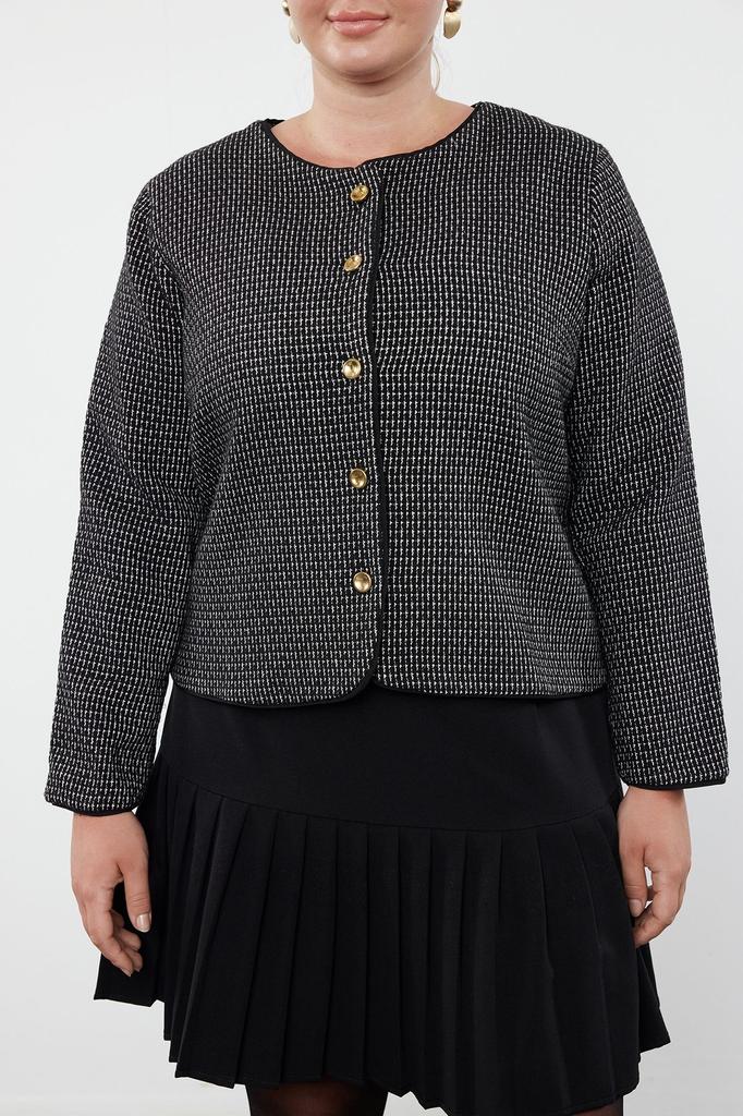  Women's Plus Size Jacket Black-White Plaid Check Lined Buttoned Tweed Jacket