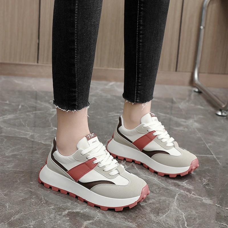 Модные женские туфли из вулканизированной кожи, весенние новые повседневные кроссовки в стиле пэчворк, женские повседневные толстые подошвы, модные дышащие износостойкие туфли