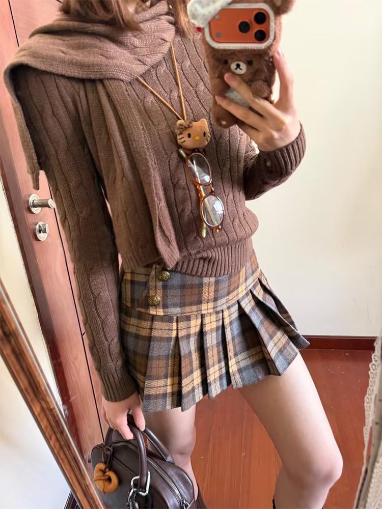 Женская утягивающая ретро клетчатая шерстяная юбка с высокой талией - Весенний студенческий стиль, А-силуэт, плиссированная, короткая юбка