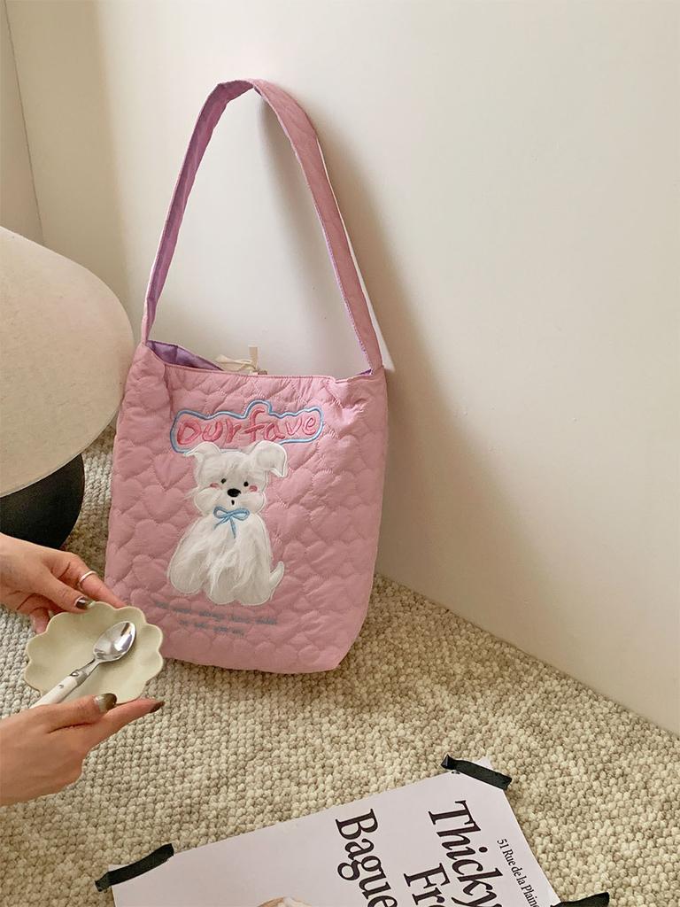 Cute Plush Puppy Women's Shoulder Bag Double-sided Ladies Love Quilted Handbags Large Capacity Female Book Tote Shopping Bags