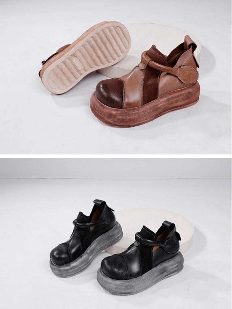 Johnature Genuine Leather Women's Flat Platform Shoes Versatile Vintage Round Toe Thick Soled Shoes