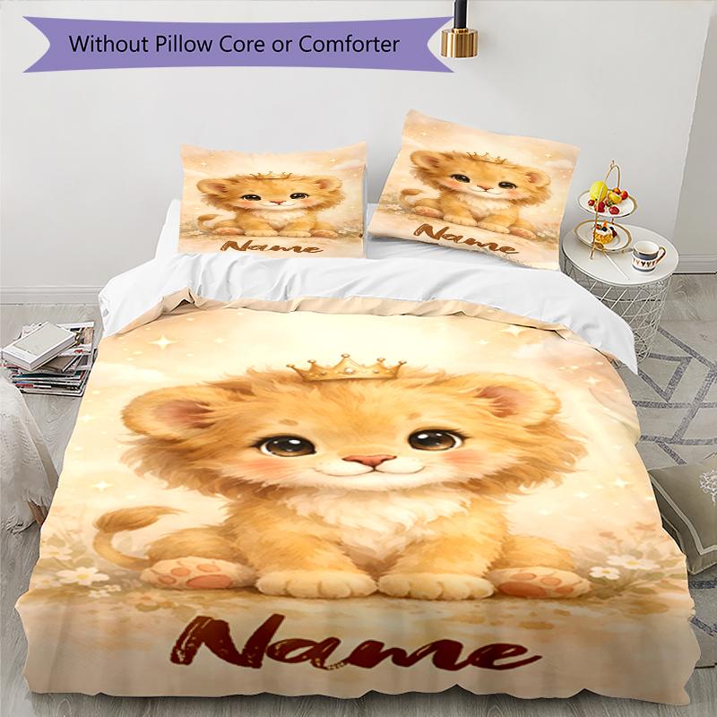 3pcs Custom Name Lion Bedding Set Duvet Cover Closure Includes 1 Duvet Cover & 2 Pillowcases, Soft and Comfortable for All Seasons.